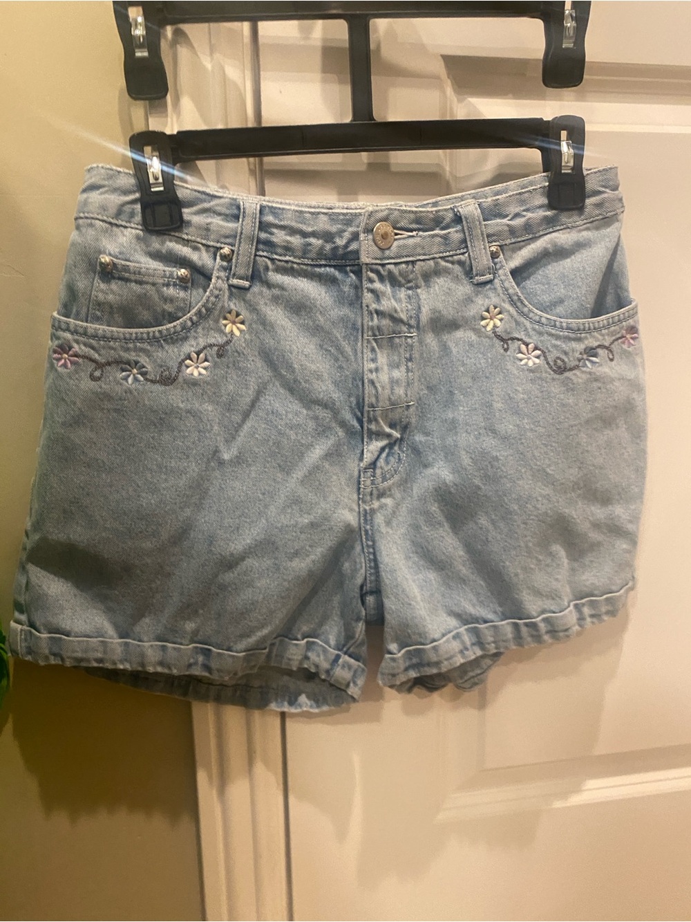 Shorts, Light Blue Denim with Floral Embroidery